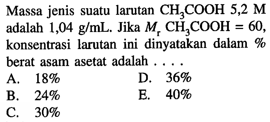 Massa jenis suatu larutan  CH3COOH  5,2  M  adalah  1,04 g/mL . Jika  Mr CH3COOH=60 , konsentrasi larutan ini dinyatakan dalam% berat asam asetat adalah . ...