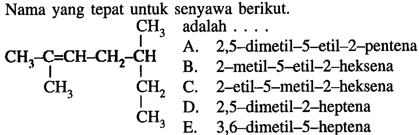 Nama yang tepat untuk senyawa berikut adalah . . . . CH3 | CH3 - C = CH - CH2 - CH | | CH3 CH2 | CH3 