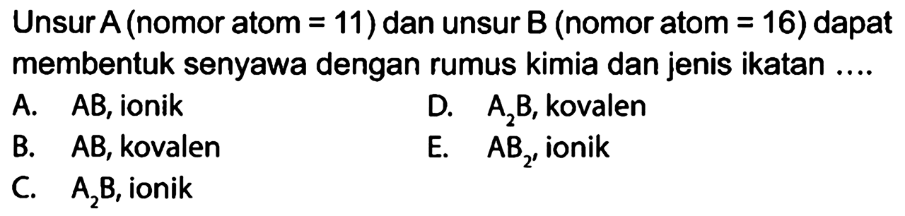 Unsur A (nomor atom = 11) dan unsur B (nomor atom = 16) dapat membentuk senyawa dengan rumus kimia dan jenis ikatan .... 