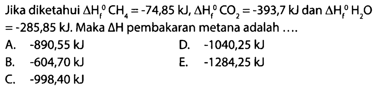 Jika diketahui delta Hf CH4 =-74,85 kJ, delta Hf CO2 = -393,7 kJ dan delta Hf H2O = -285,85 kJ. Maka delta H pembakaran metana adalah