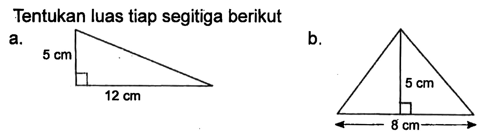 Tentukan luas tiap segitiga berikut a. 5 cm 12 cm b. 5 cm 8 cm