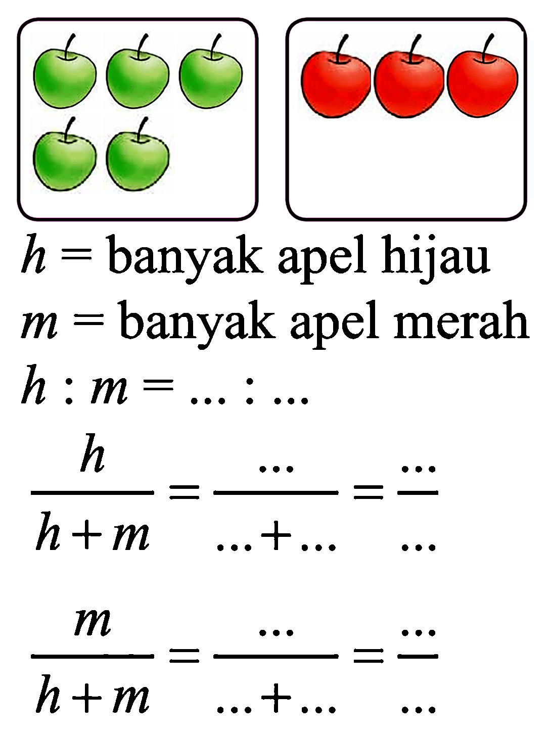h = banyak apel hijau m = banyak apel merah h : m = ... : ... h/(h + m) = .../(... + ...) = .../... m/(h + m) = .../(... + ...) = .../...