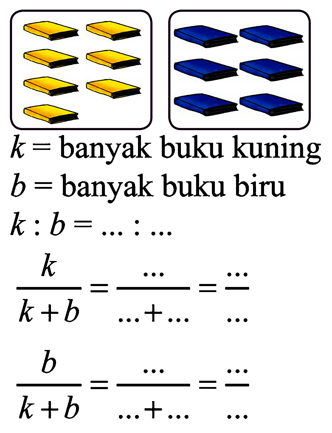 k = banyak buku kuning b = banyak buku biru k : b = ... : ... k/(k+b) = .../(... + ...) = .../... b/(k+b) = .../(...+...) = .../...