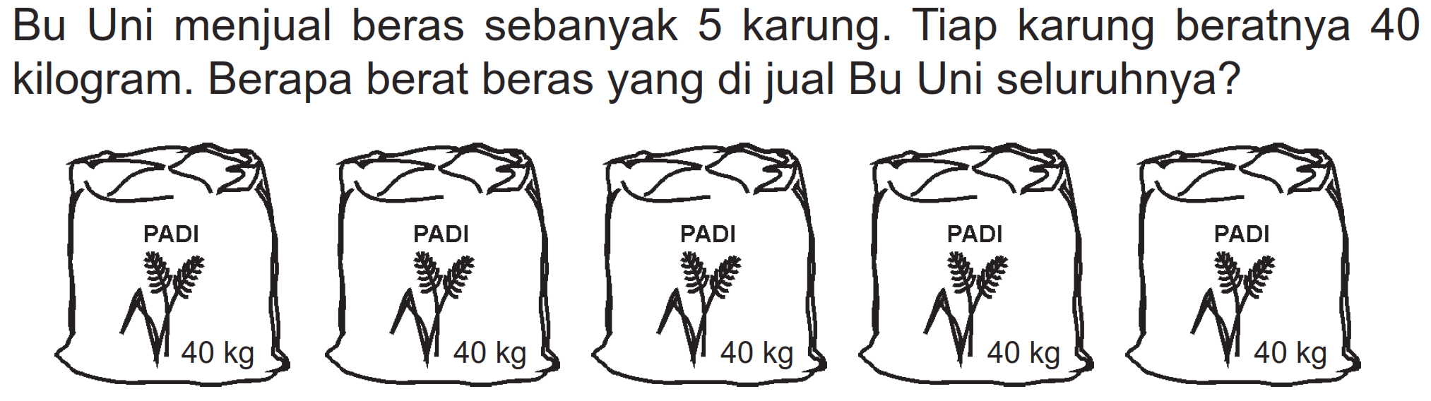 Bu Uni menjual beras sebanyak 5 karung. Tiap karung beratnya 40 kilogram. Berapa berat beras yang di jual Bu Uni seluruhnya?
PADI PADI PADI PADI PADI
40 kg 40 kg 40 kg 40 kg 40 kg 