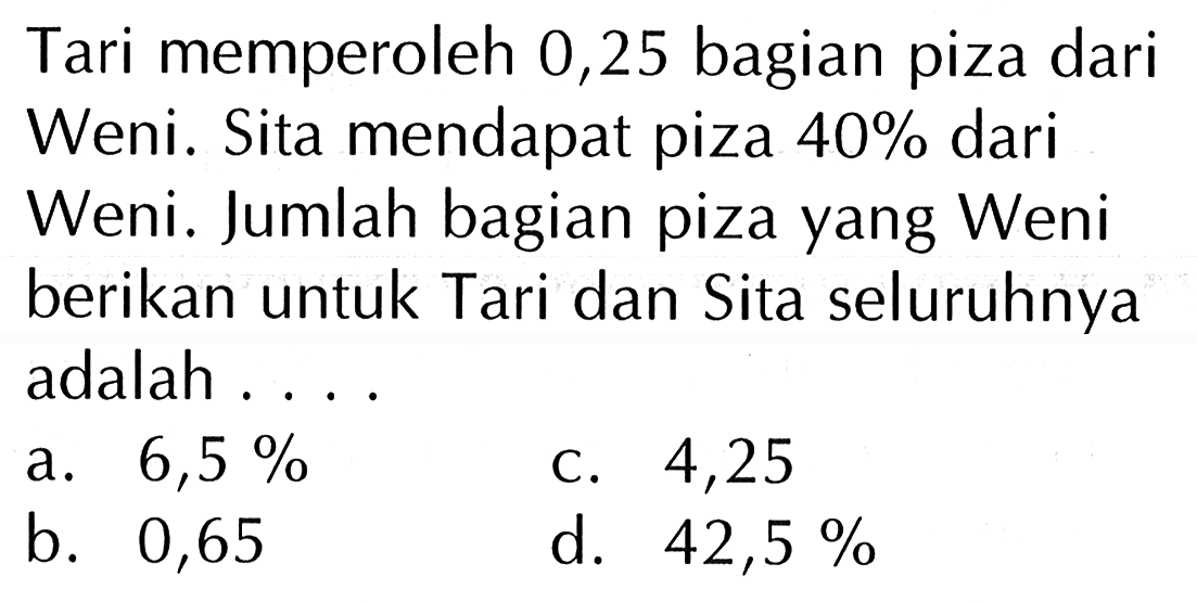Tari memperoleh 0,25 bagian piza dari Weni. Sita mendapat piza 40% dari Weni. Jumlah bagian piza yang Weni berikan untuk Tari dan Sita seluruhnya adalah ....