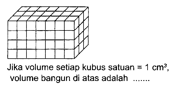 Jika volume setiap kubus satuan  =1 cm^(3) , volume bangun di atas adalah
