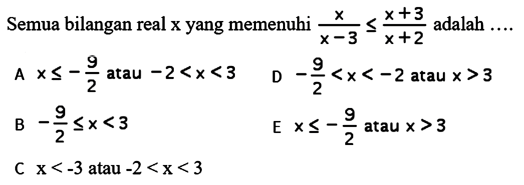 Semua bilangan real x yang memenuhi x/(x-3)<=(x+3)/(x+2) adalah ....
