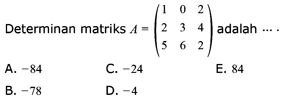 Determinan matriks A = (1 0 2 2 3 4 5 6 2) adalah ....