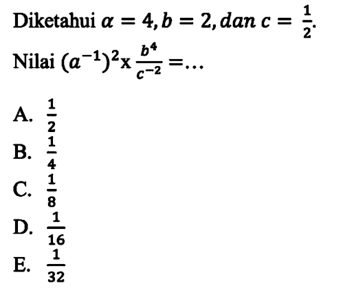 Diketahui a = 4, b = 2, dan c = 1/2. Nilai (a^(-1))^2 x (b^4)/(c^(-2)) = ...
