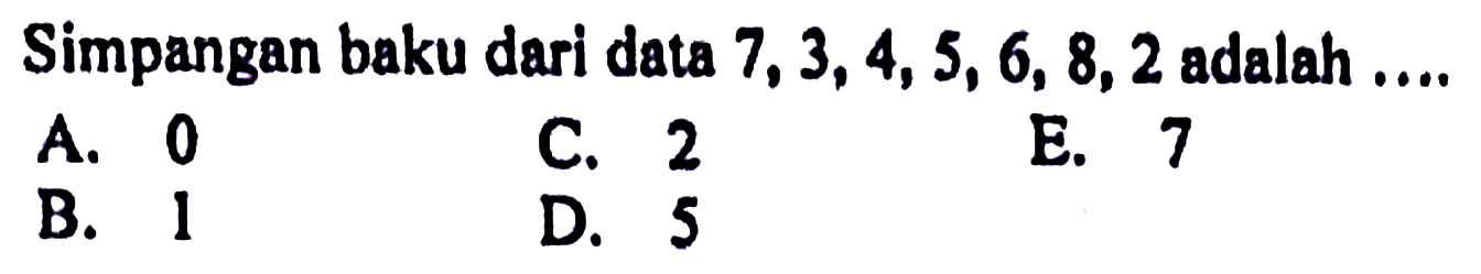 Simpangan baku dari data 7, 3, 4, 5, 6, 8,2 adalah ....