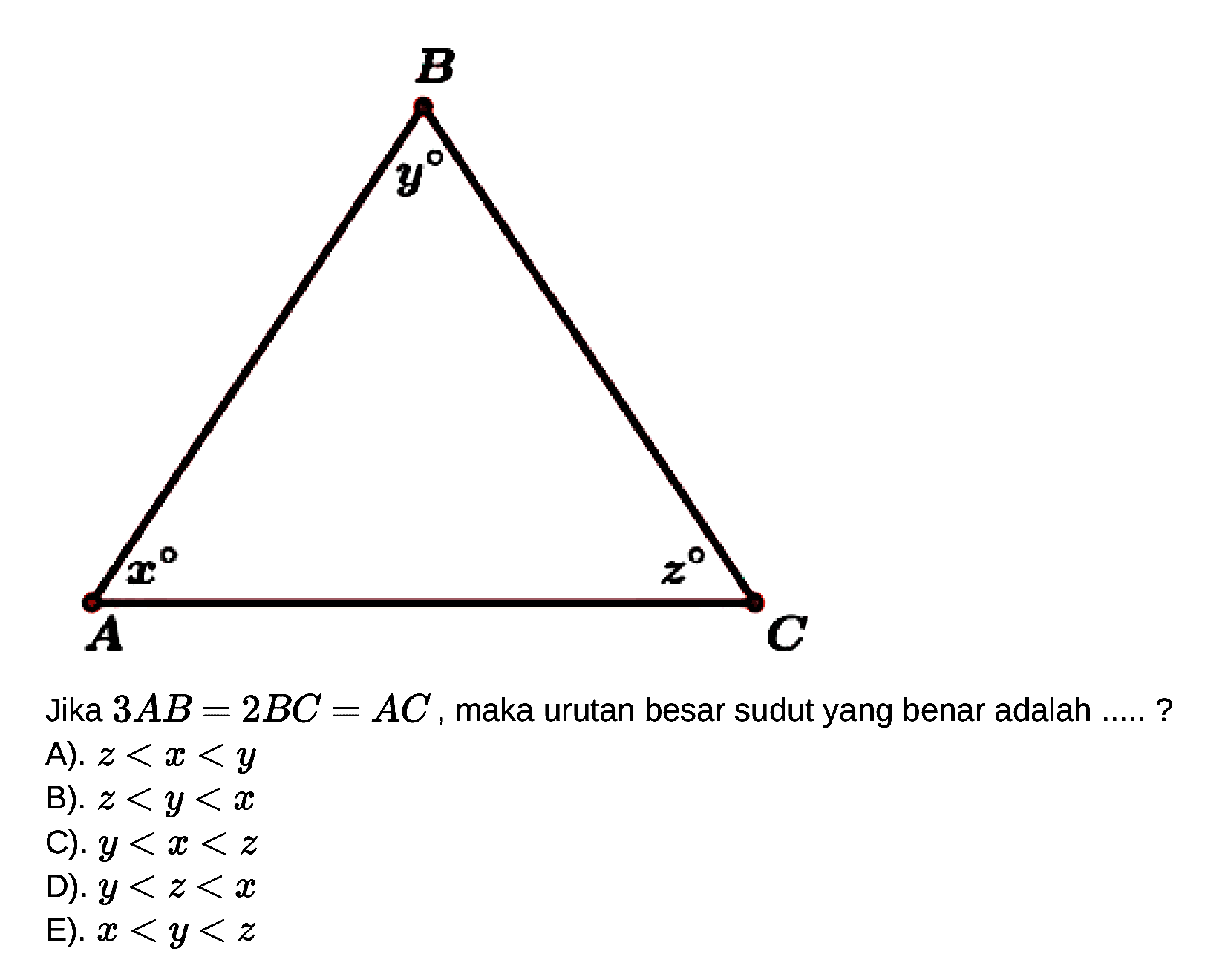 B y A x C z 
Jika 3AB = 2BC = AC, maka urutan besar sudut yang benar adalah ....? 
A). z < x < y 
B). z < y < x 
C). y < x < z 
D). y < z < x 
E). x < y < z