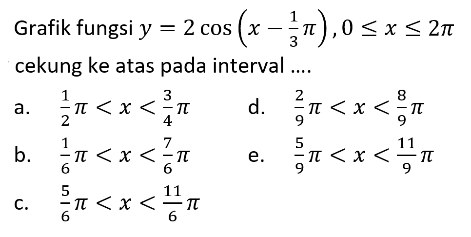 Grafik fungsi y = 2 cos (x - 1/3 pi), 0 <= x <= 2 pi cekung ke atas pada interval