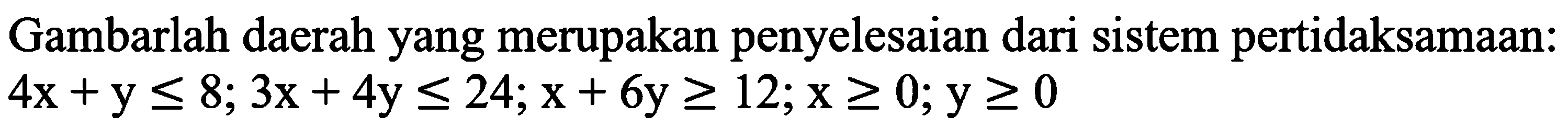 Gambarlah daerah yang merupakan penyelesaian dari sistem pertidaksamaan: 4x+y<=8; 3x+4y<=24; x+6y>=12; x>=0; y>=0