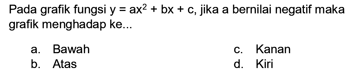 Pada grafik fungsi  y=a x^(2)+b x+c , jika a bernilai negatif maka grafik menghadap ke...
a. Bawah
c. Kanan
b. Atas
d. Kiri