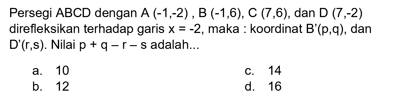 Persegi  A B C D  dengan  A(-1,-2) , B  (-1,6), C(7,6) , dan  D(7,-2)  direfleksikan terhadap garis  x=-2 , maka : koordinat  B'(p, q) , dan  D'(r, s) . Nilai  p+q-r-s  adalah...
