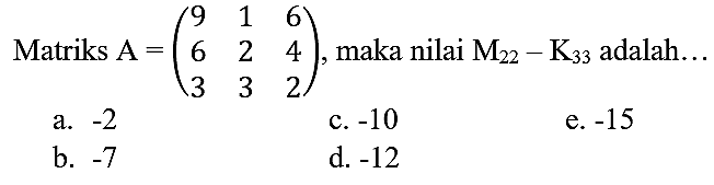 Matriks  A=(9  1  6  6  2  4  3  3  2) , maka nilai  M_(22)-K_(33)  adalah...
a.  -2 
c.  -10 
e.  -15 
b.  -7 
d.  -12 
