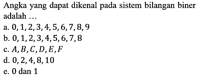 Angka yang dapat dikenal pada sistem bilangan biner adalah ...
a. 0,1,2,3,4,5,6,7,8,9 b. 0,1,2,3,4,5,6,7,8 c. A, B, C, D, E, F d. 0,2,4,8,10 e. 0 dan 1