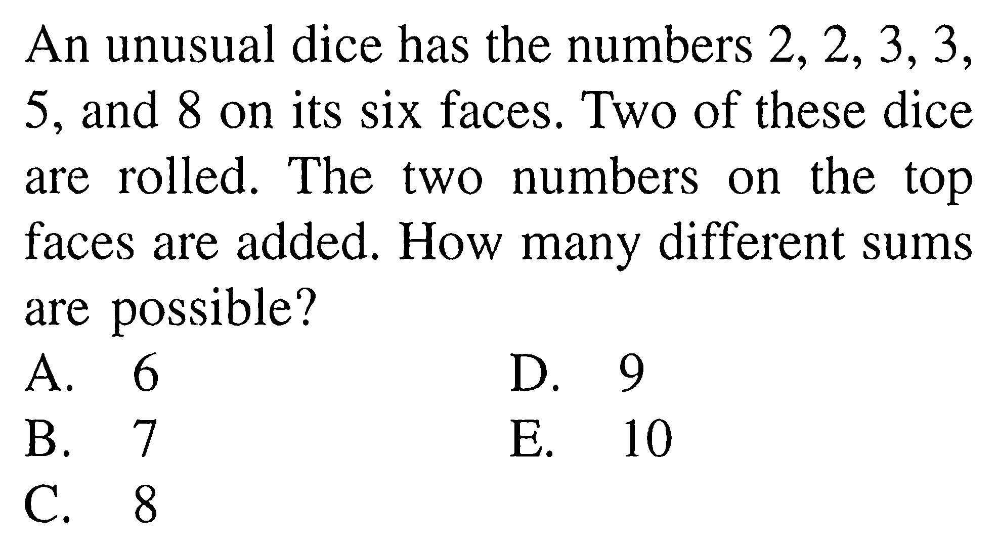 An unusual dice has the numbers 2,2,3,3,5, and 8 on its six faces. Two of these dice are rolled. The two numbers on the top faces are added. How many different sums are possible?