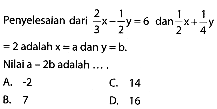 Penyelesaian dari 2/3 x - 1/2 y = 6 dan 1/2 x + 1/4 y = 2 adalah x = a dan y = b. Nilai a - 2b adalah .... A. -2 B. 7 C. 14 D. 16