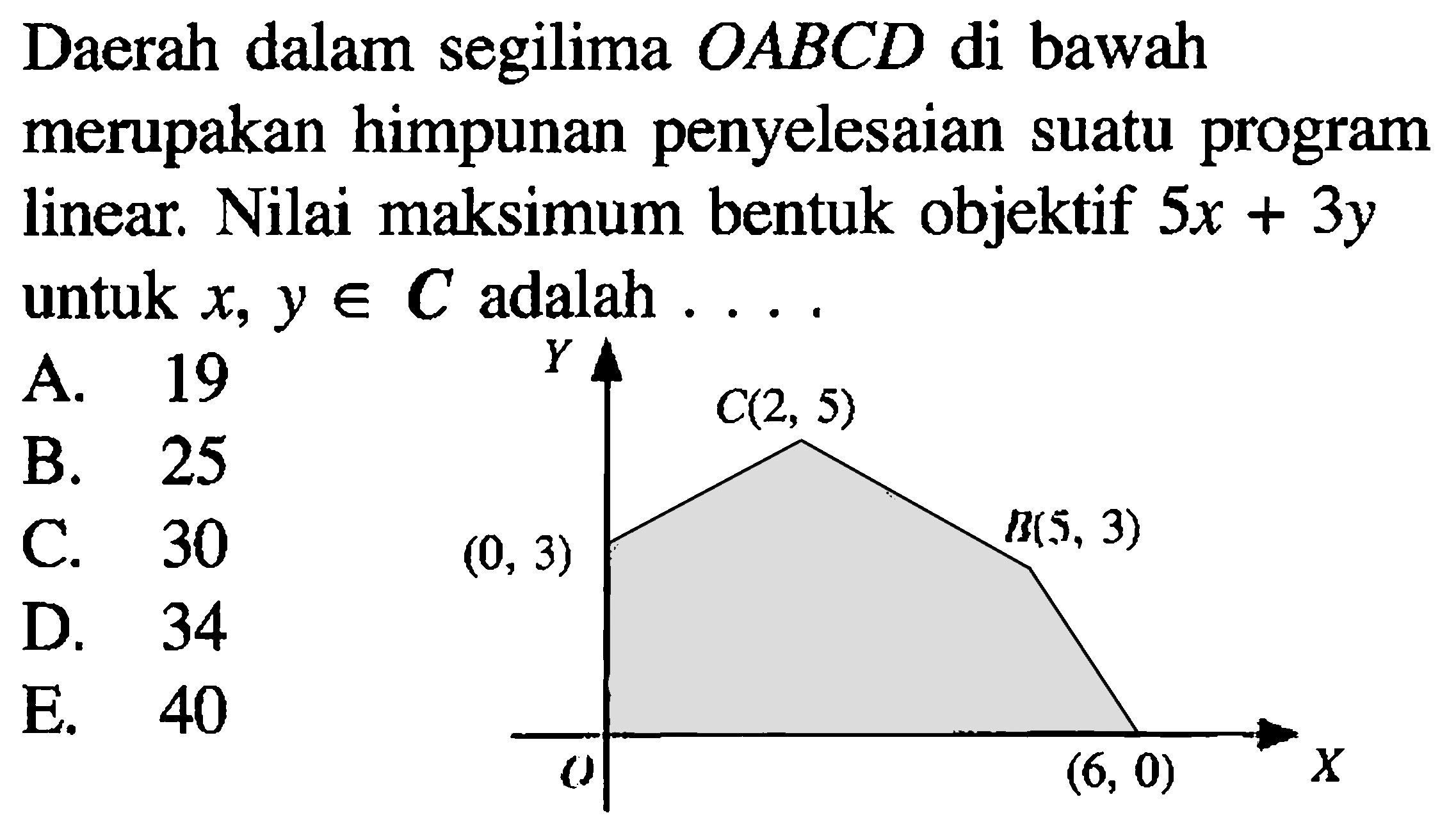 Daerah dalam segilima OABCD di bawah merupakan himpunan penyelesaian suatu program linear. Nilai maksimum bentuk objektif 5x+3y untuk x, y e C adalah . . . . Y C(2, 5) B(5, 3) (0, 3) 0 (6, 0) X