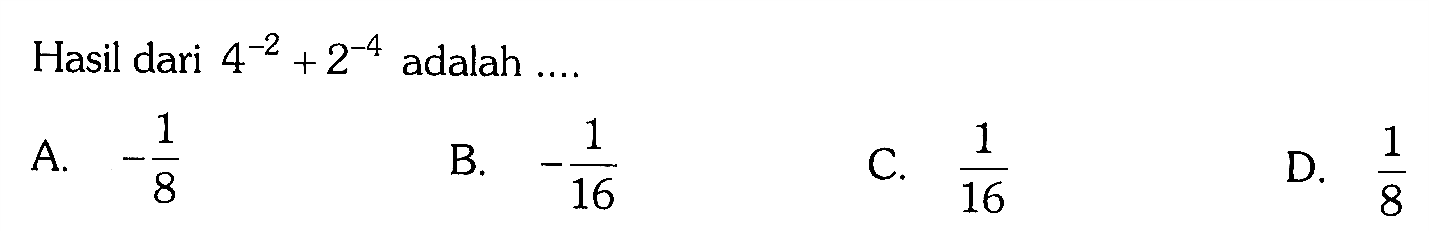 Hasil dari 4^-2 + 2^-4 adalah