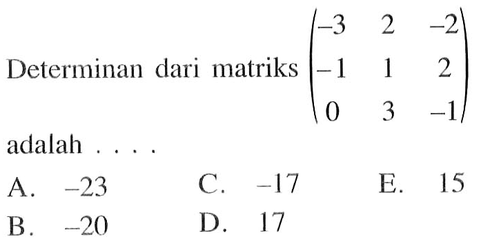 Determinan dari matriks (-3 2 -2 -1 1 2 0 3 -1) adalah....