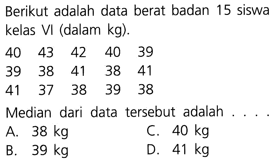 Berikut adalah data berat badan 15 siswa kelas VI (dalam kg),
 40 43 42 40 39
 39 38 41 38 41
 41 37 38 39 38
 Median dari data tersebut adalah . . . .