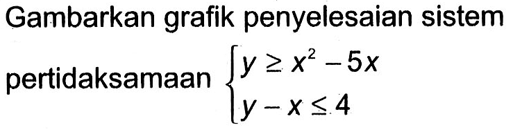 Gambarkan grafik penyelesaian sistem pertidaksamaan y>=x^2-5x y-x<=4