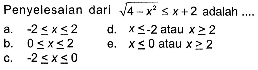 Penyelesaian dari akar(4-x^2)<=x+2 adalah ....