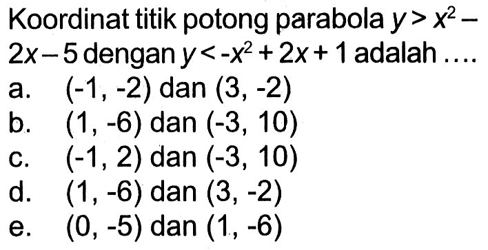 Koordinat titik potong parabola y > x^2-2x-5 dengan y <-x^2+2x+1 adalah