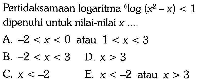 Pertidaksamaan logaritma 6 log (x^2-x)<1 dipenuhi untuk nilai-nilai x .... 
