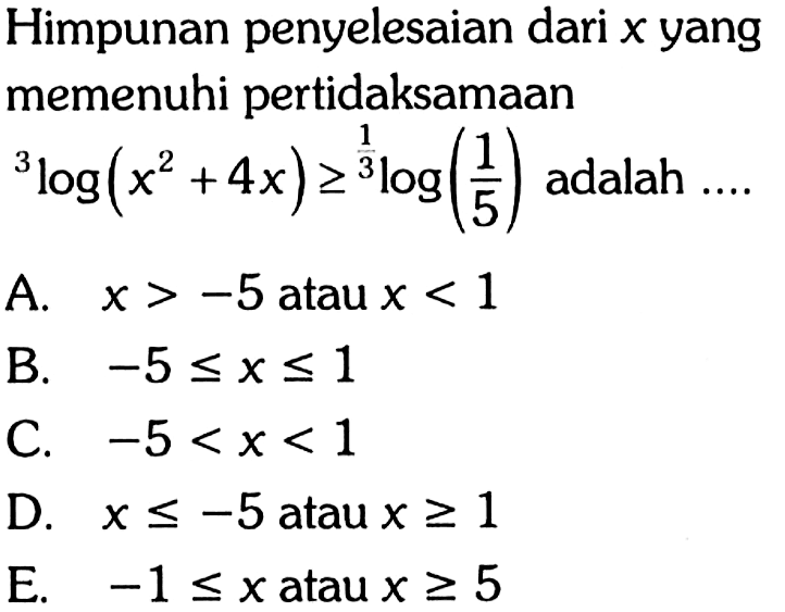 Himpunan penyelesaian dari x yang memenuhi pertidaksamaan 3 log (x^2+4 x)>= ^1/3 log (1/5) adalah .... 