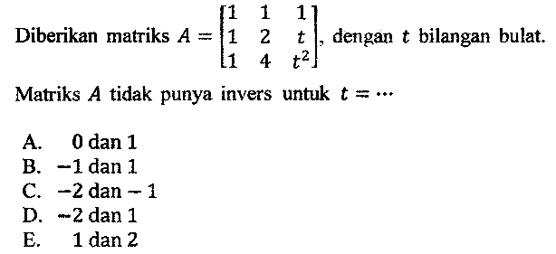 Diberikan matriks  A=[1  1  1  1  2  t  1  4  t^(2)] , dengan  t  bilangan bulat. Matriks  A  tidak punya invers untuk  t=.. 
A. 0 dan 1
B.  -1 dan 1 
C.  -2  dan  -1 
D.  -2 dan 1 
E.  1 dan 2 