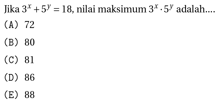 Jika  3^(x)+5^(y)=18 , nilai maksimum  3^(x) . 5^(y)  adalah....
(A) 72
(B) 80
(C) 81
(D) 86
(E) 88