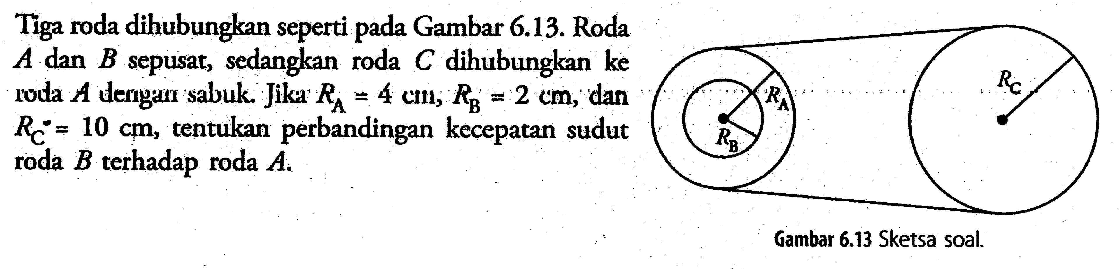 Tiga roda dihubungkan seperti pada Gambar 6.13. Roda A dan B sepusat, sedangkan roda C dihubungkan ke roda A dergati sabuk. Jika RA = 4 cm, RB = 2 cm, dan RC = 10 cm, tentukan perbandingan kecepatan sudut roda B terhadap roda A.