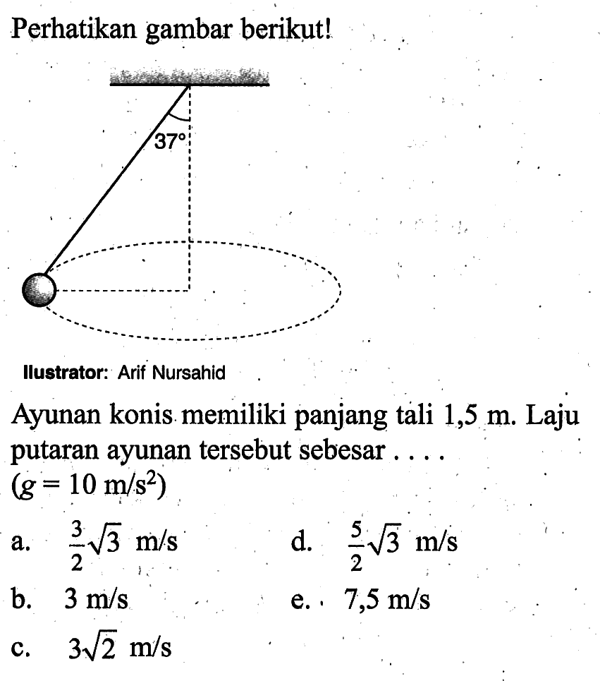 Perhatikan gambar berikut! 37 Ilustrator: Arif Nursahid Ayunan konis memiliki panjang tali 1,5 m. Laju putaran ayunan tersebut sebesar .... (g=10 m/s^2) a. 3/2 akar(3) m/s d. 5/2 akar(3) m/s b. 3 m/s e. 7,5 m/s c.  3 akar(2) m/s 