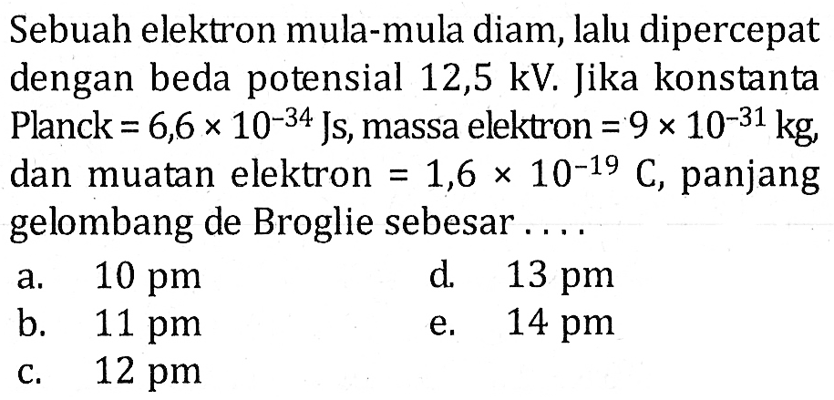 Sebuah elektron mula-mula diam, lalu dipercepat dengan beda potensial 12,5 kV. Jika konstanta Planck=6,6x10^-34 Js, massa elektron=9x10^-31 kg, dan muatan elektron=1,6x10^-19 C, panjang gelombang de Broglie sebesar ....