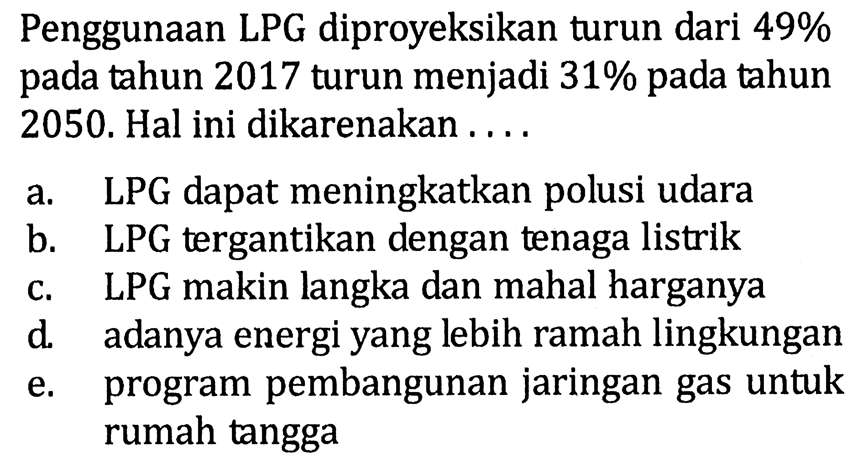 Penggunaan LPG diproyeksikan turun dari 49% pada tahun 2017 turun menjadi 31% pada tahun 2050. Hal ini dikarenakan .... 