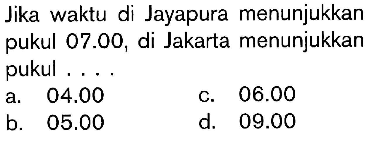 Jika waktu di Jayapura menunjukkan pukul 07.00, di Jakarta menunjukkan pukul ....