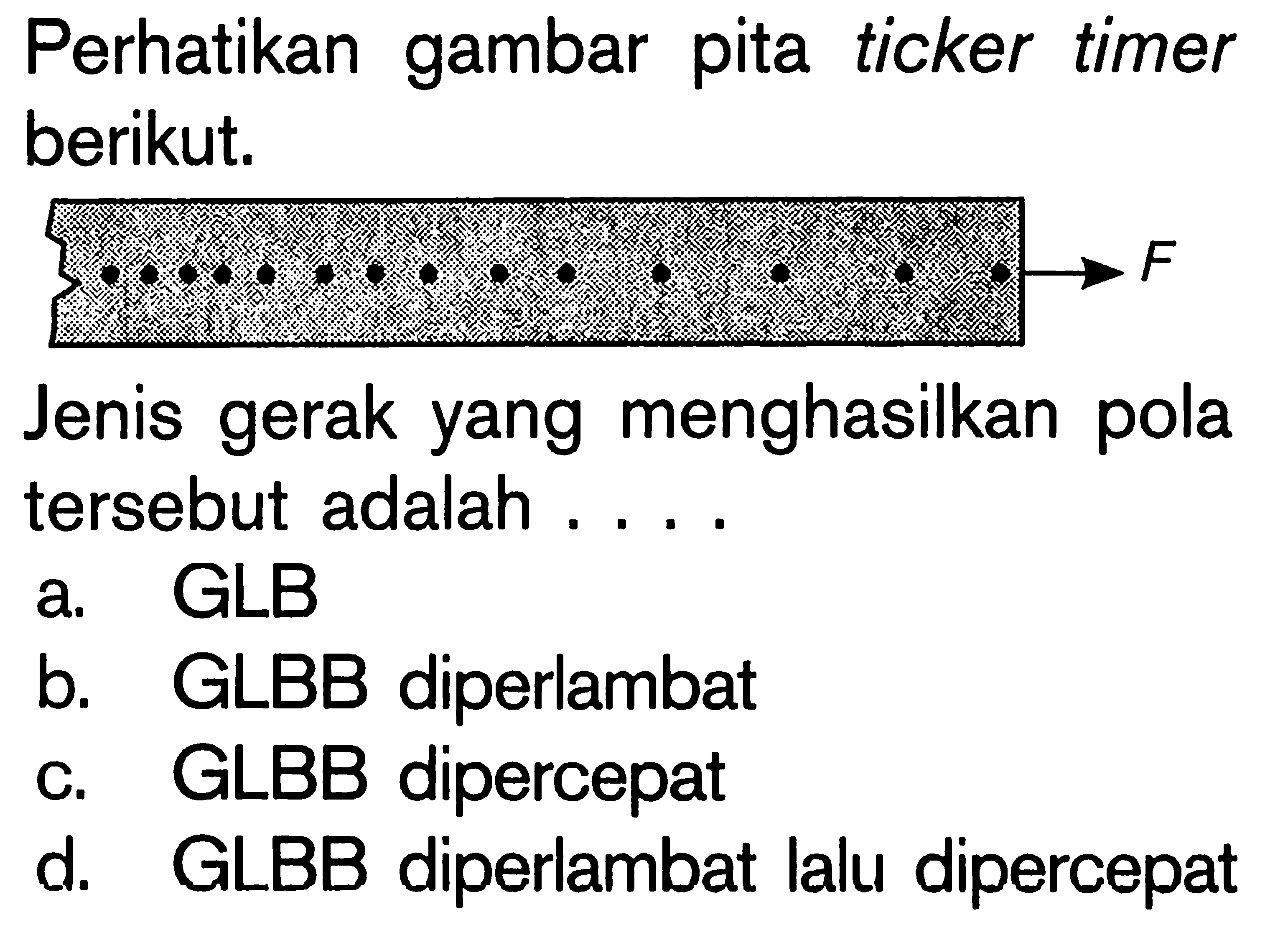 Perhatikan gambar pita ticker timer berikut. F Jenis gerak yang menghasilkan pola tersebut adalah .... a. GLB b. GLBB diperlambat c. GLBB dipercepat d. GLBB diperlambat lalu dipercepat 