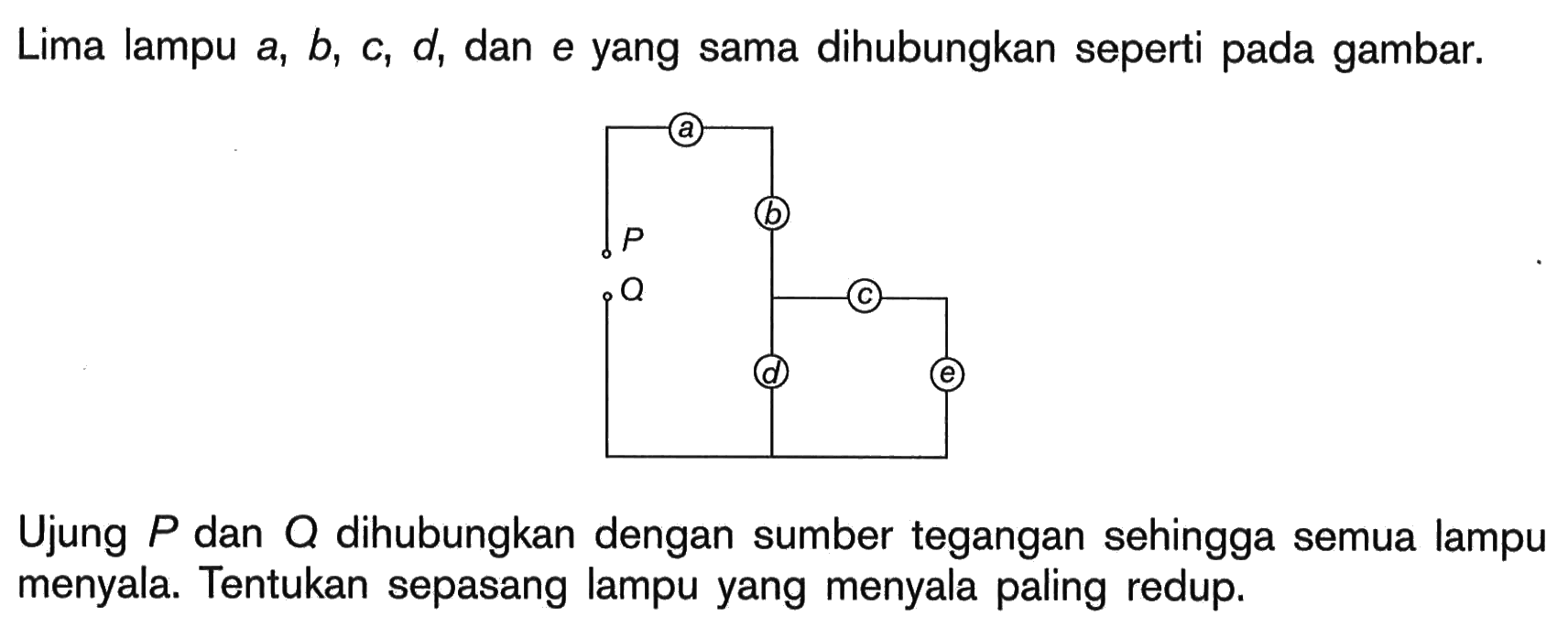 Lima lampu  a, b, c, d , dan e yang sama dihubungkan seperti pada gambar.Ujung  P  dan  Q  dihubungkan dengan sumber tegangan sehingga semua lampu menyala. Tentukan sepasang lampu yang menyala paling redup.