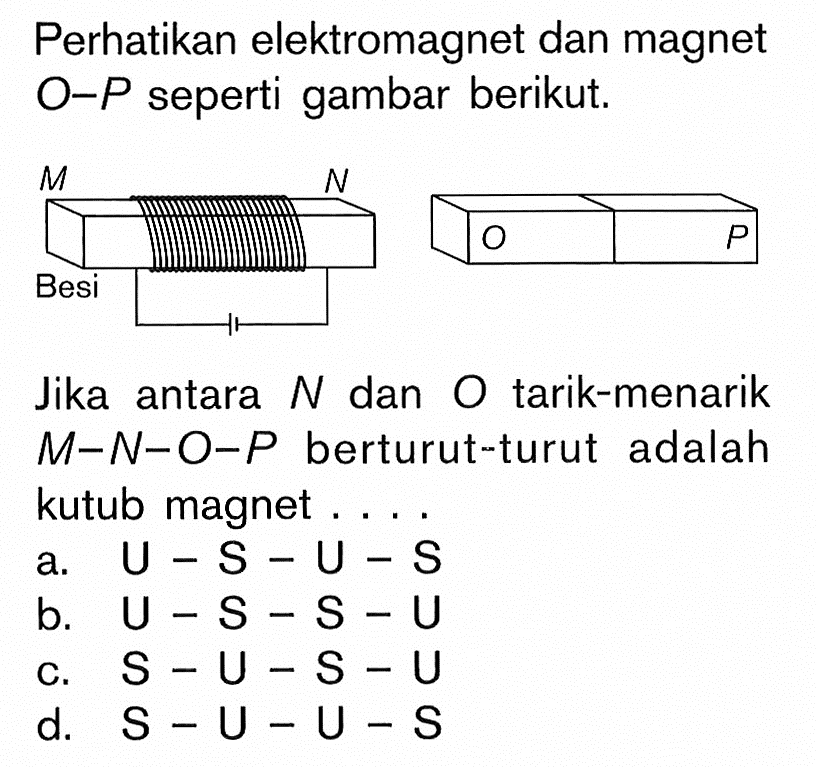 Perhatikan elektromagnet dan magnet O-P seperti gambar berikut. besi MN OP Jika antara N dan O tarik-menarik M-N-O-P berturut-turut adalah kutub magnet ....