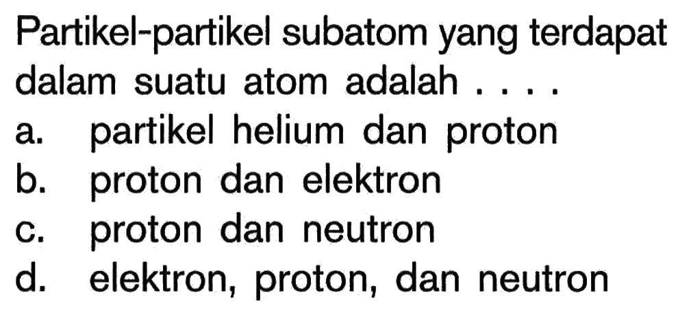 Partikel-partikel subatom yang terdapatdalam suatu atom adalah ...