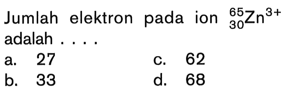 Jumlah elektron pada ion 30 65 Zn^(3+) adalah ....