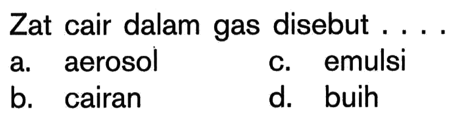 Zat cair dalam gas disebut .....

