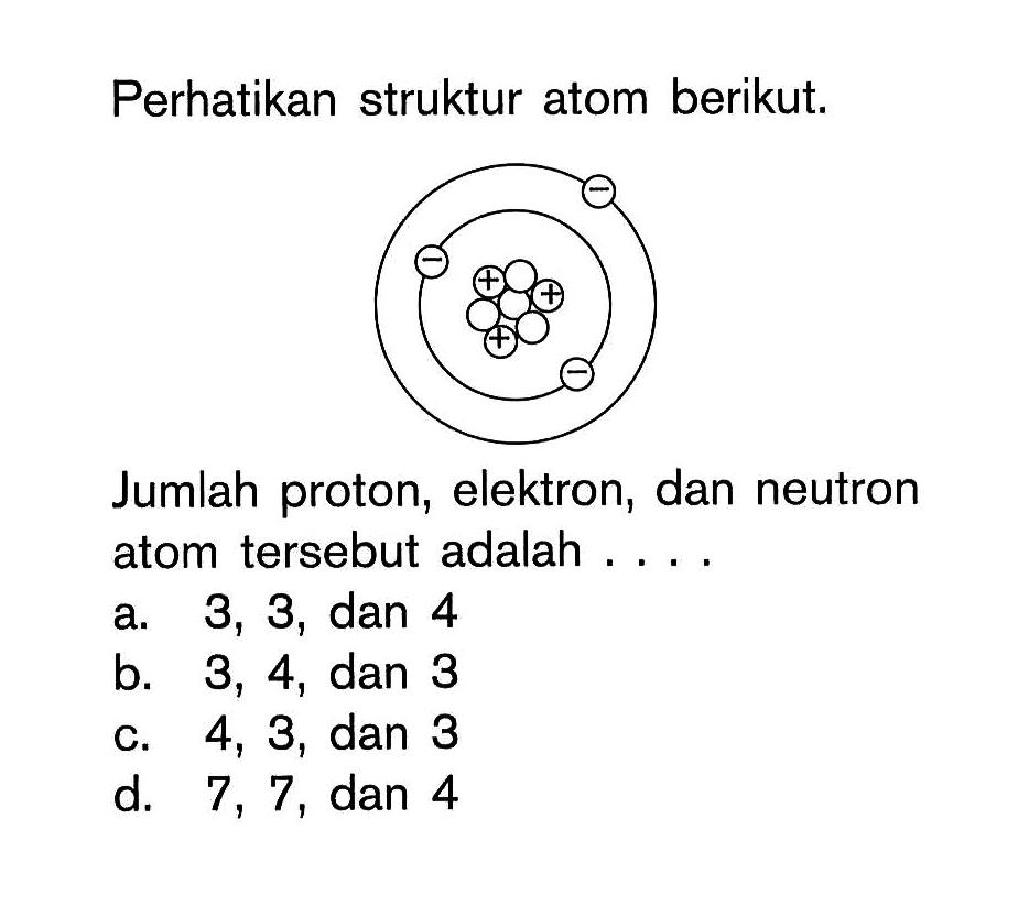 Perhatikan struktur atom berikut.Jumlah proton, elektron, dan neutron atom tersebut adalah ....a. 3,3, dan 4b. 3,4, dan 3c. 4,3, dan 3d. 7,7, dan 4