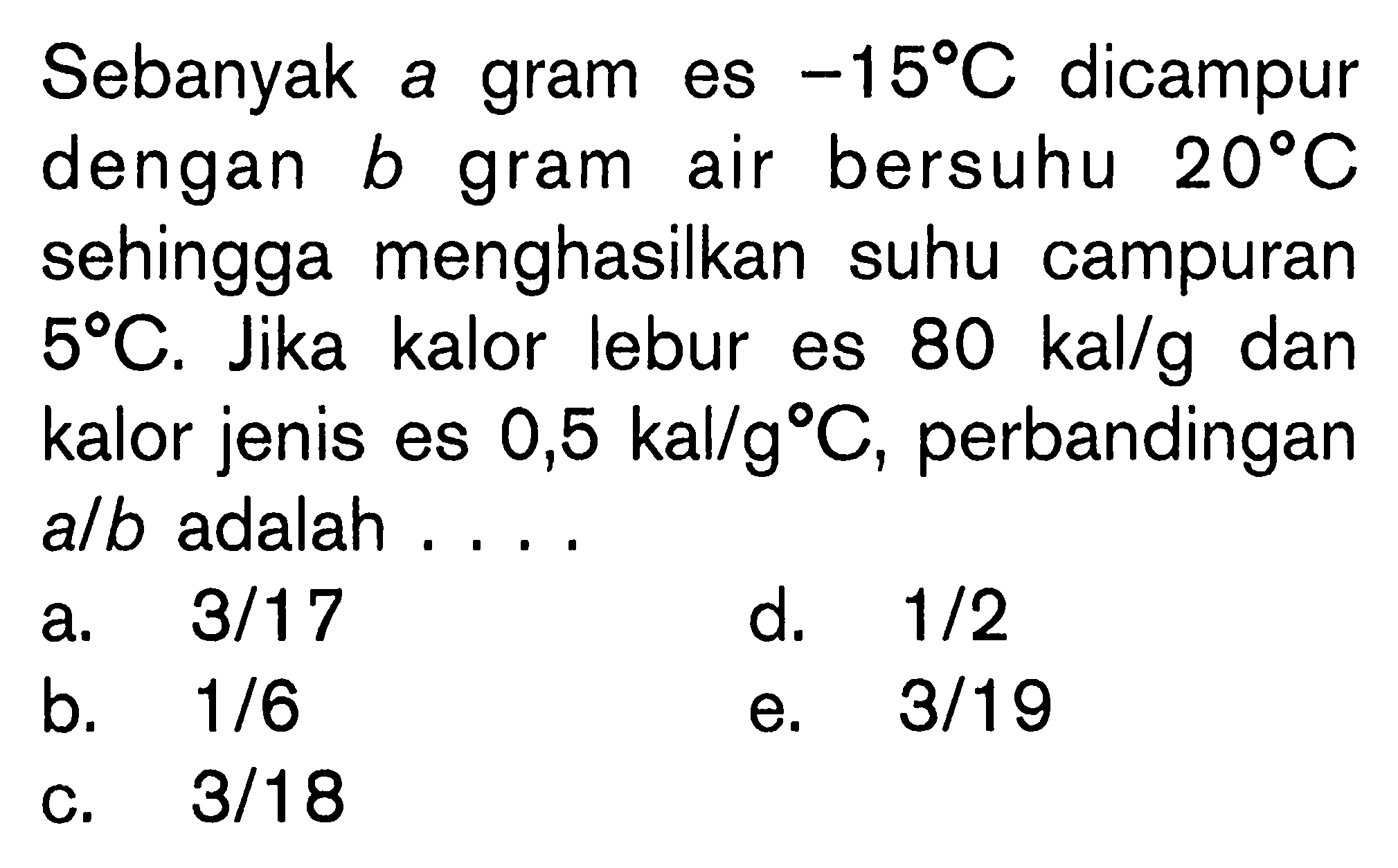 Sebanyak A gram ES -15 C Dicampur dengan B gram air bersuhu 20 C sehingga menghasilkan suhu campuran 5 C. Jika kalor lebur eS 80 kal/g dan kalor jenis es 0,5 kal/g C, perbandingan a/b adalah