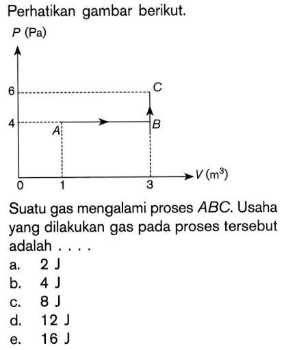 Perhatikan gambar berikut. P (Fx) 6 C 4 B A 0 1 3 V(m^2)Suatu gas mengalami proses  ABC . Usaha yang dilakukan gas pada proses tersebut adalah ....