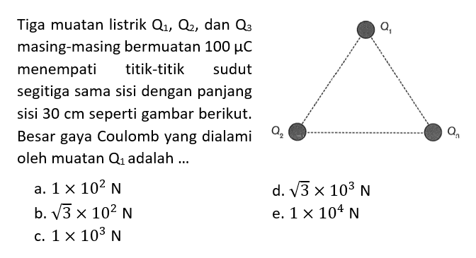 Tiga muatan listrik Q1, Q2, dan Q3 masing-masing bermuatan 100 mu C menempati titik-titik sudut segitiga sama sisi dengan panjang sisi 30 cm seperti gambar berikut. Besar gaya Coulomb yang dialami oleh muatan Q1 adalah...