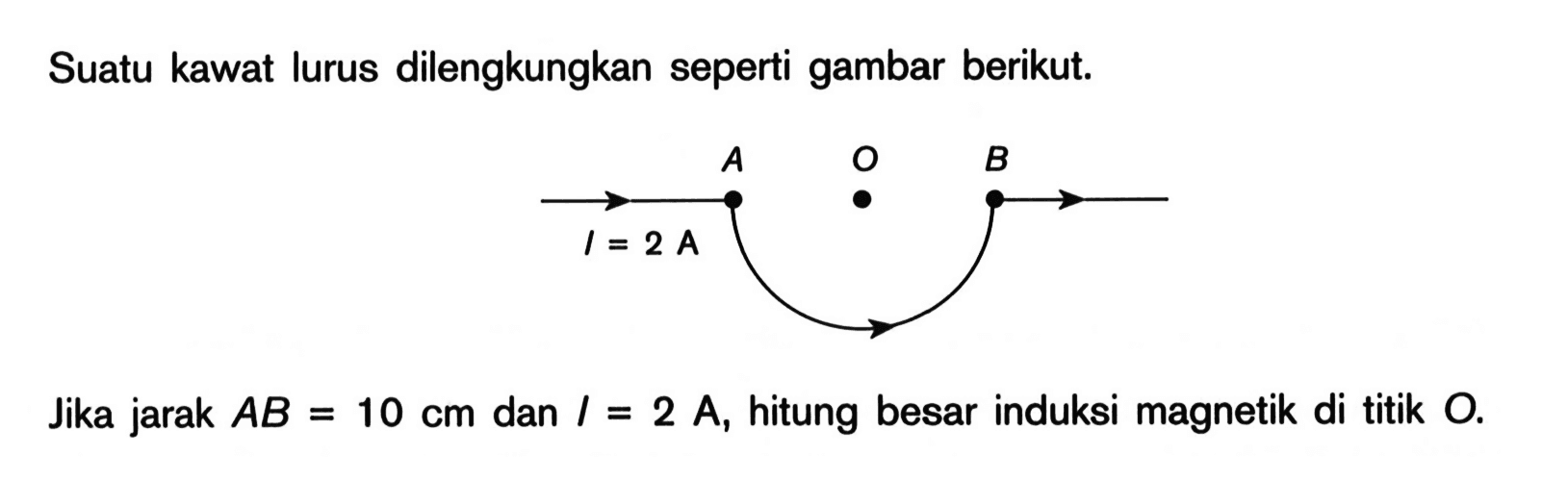 Suatu kawat lurus dilengkungkan seperti gambar berikut. A O B I = 2 A Jika jarak AB=10 cm dan I=2 A, hitung besar induksi magnetik di titik O. 